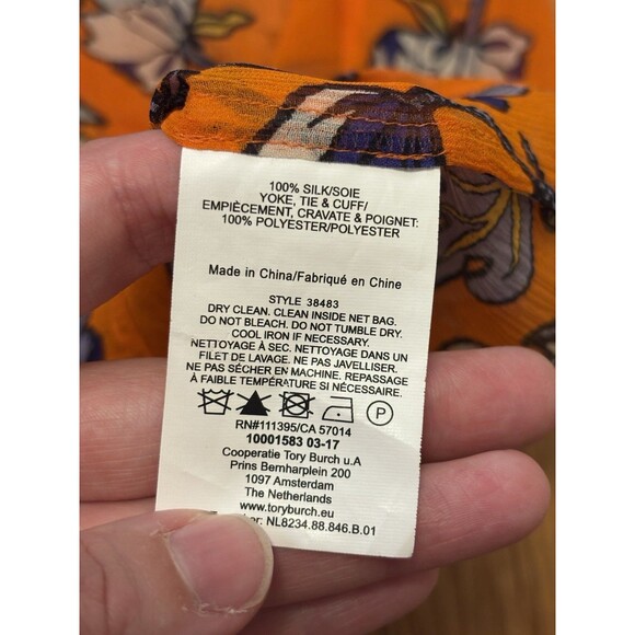 Tory Burch Kia Tie Neck Silk Blouse Orange Long Sleeve Multi Floral Size 6 - Picture 11 of 14